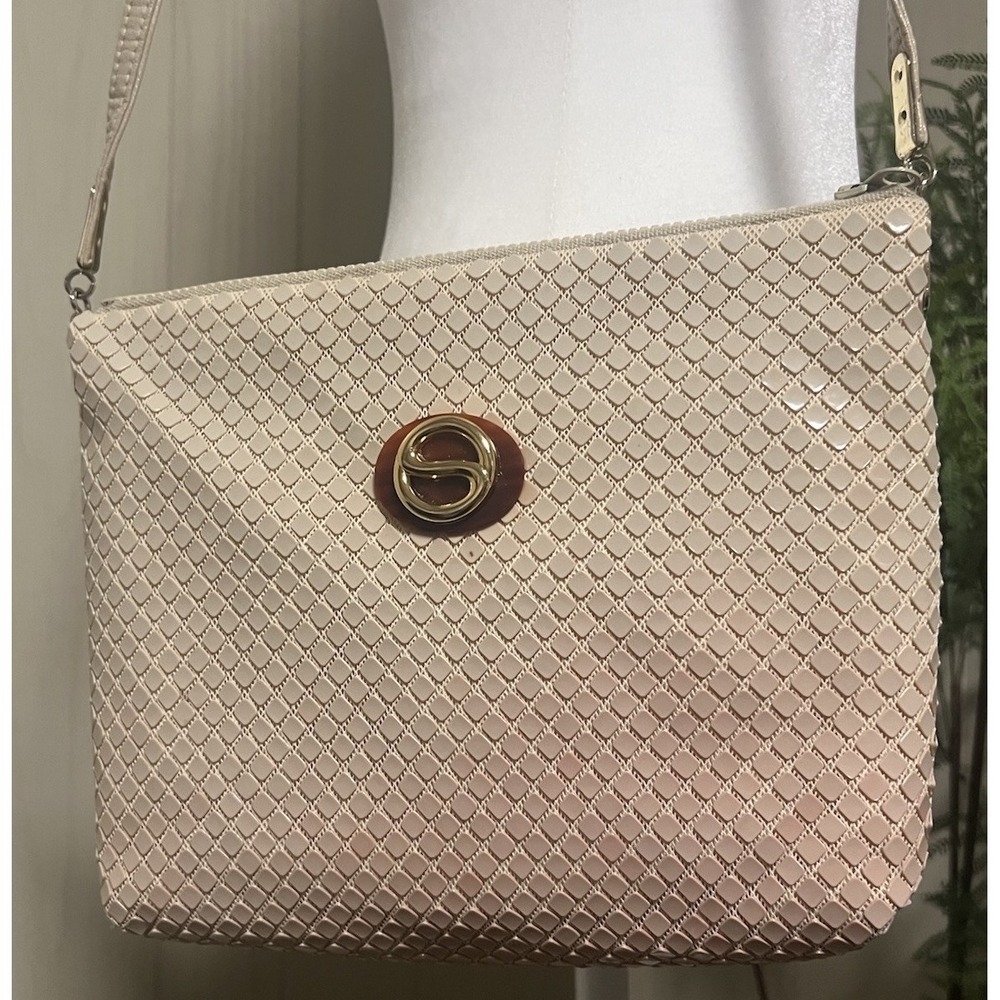 VTG Lumured Shoulder Bag‎ Cream To Pink Ombre Tile Mesh Retro Gold Hardware